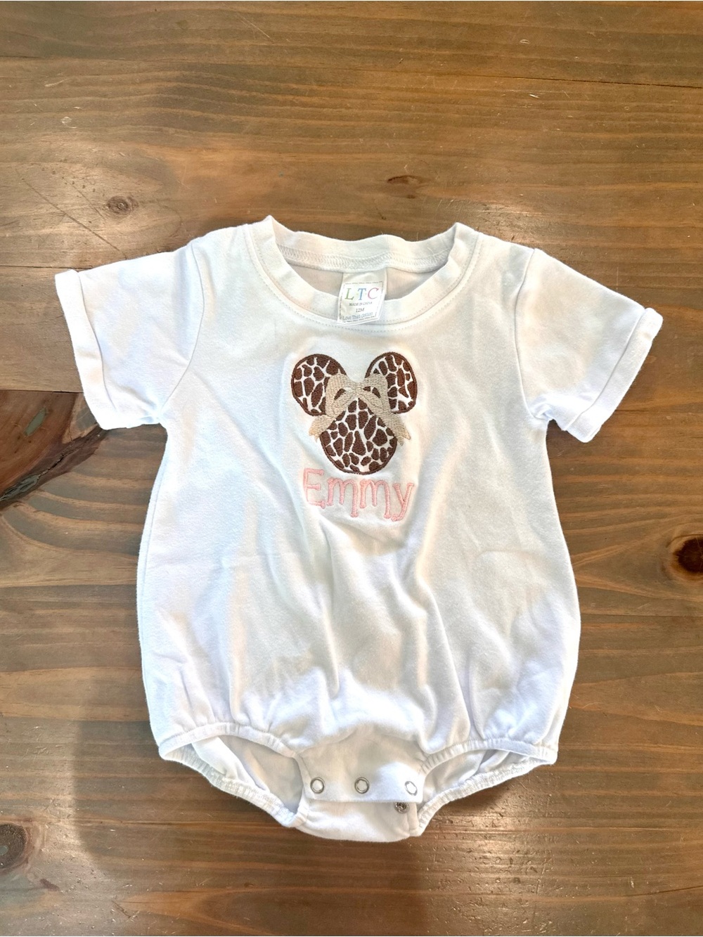 White Onesie with Minnie Mouse and Emmy Embroidery